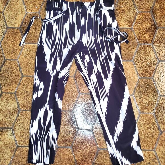 Theory Gunilla Ikat Silk Paper Bag Pants Black White Print High Waist Dress Sz 6 - Picture 8 of 12